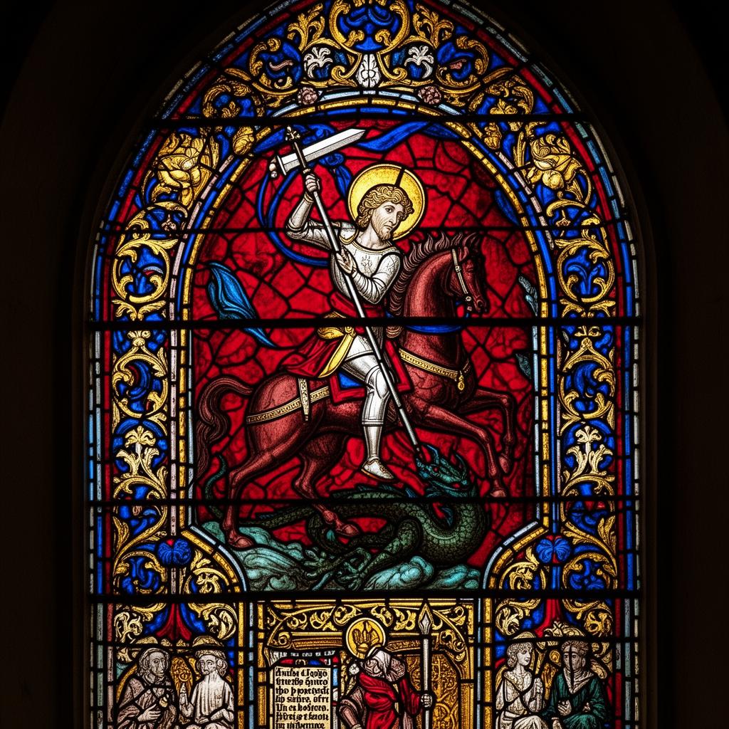 Stained glass window of Saint George slaying the dragon